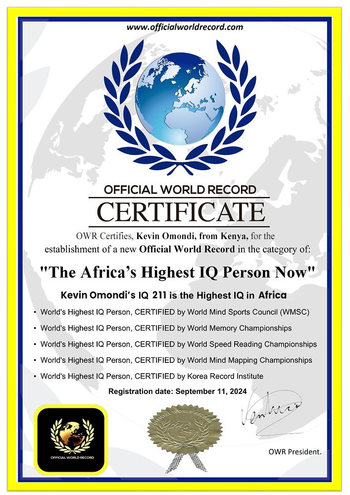 Kevin Omondi IQ 211 Official World Record Certificate